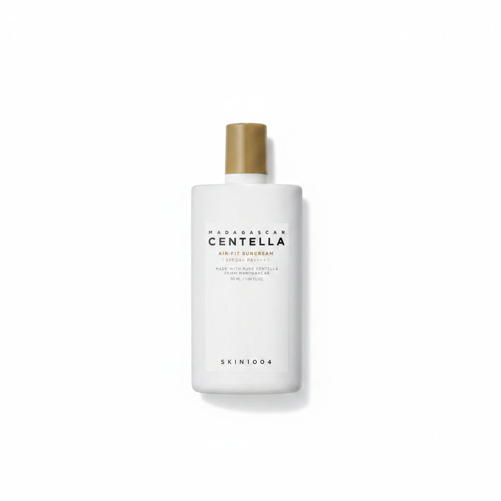 A 50 mL white bottle of SKIN1004 Madagascar Centella Air-Fit Suncream with a metallic gold cap and a white label.